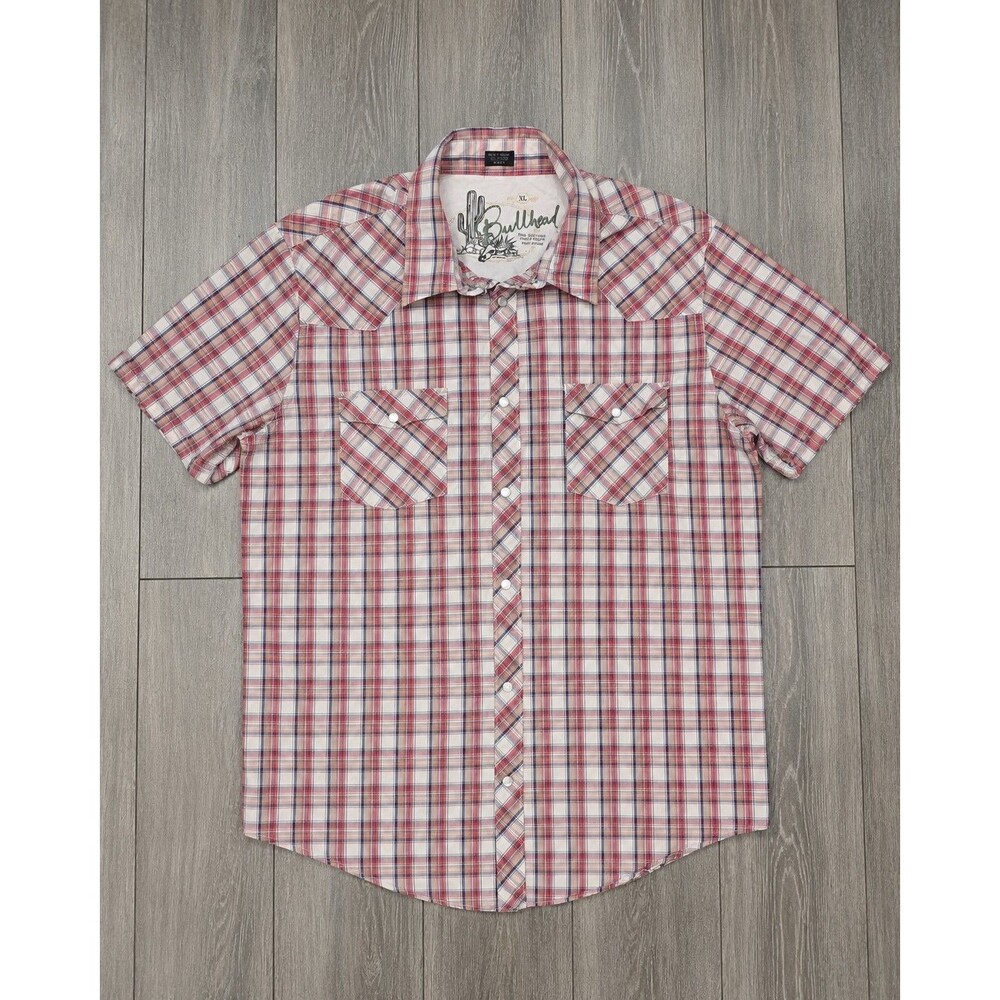 Vintage Bullhead Men's XL Plaid Pearl Snap Western Cowboy Shirt Short Sleeve
